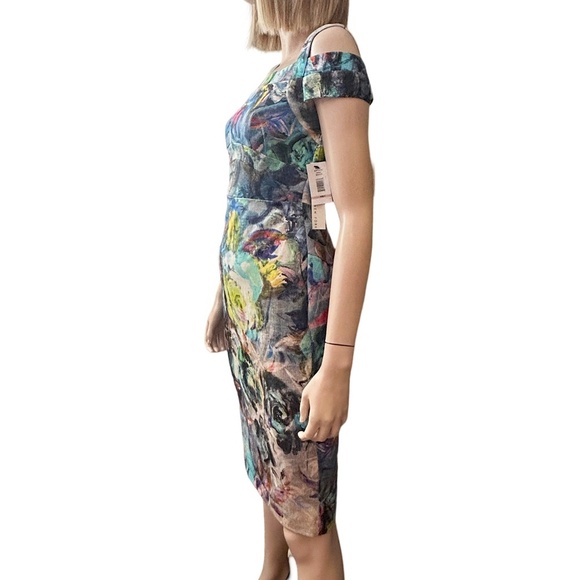 Nicole Miller New York Wiggle Sheath Dress Cold Shoulder Abstract Floral Multi - Picture 8 of 16